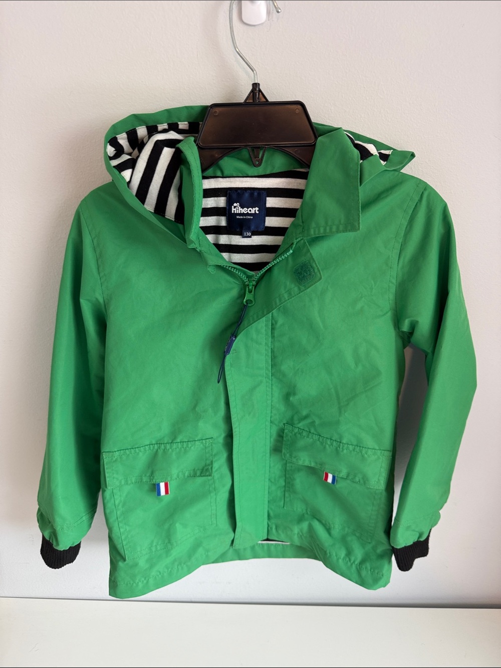 Bright Green Hooded Kids Raincoat with Striped Lining